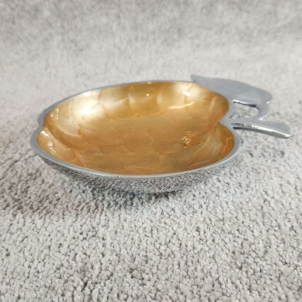 Gold Apple‎ Shaped Bowl Silver Bottom Scalloped Metal Trinket Dish